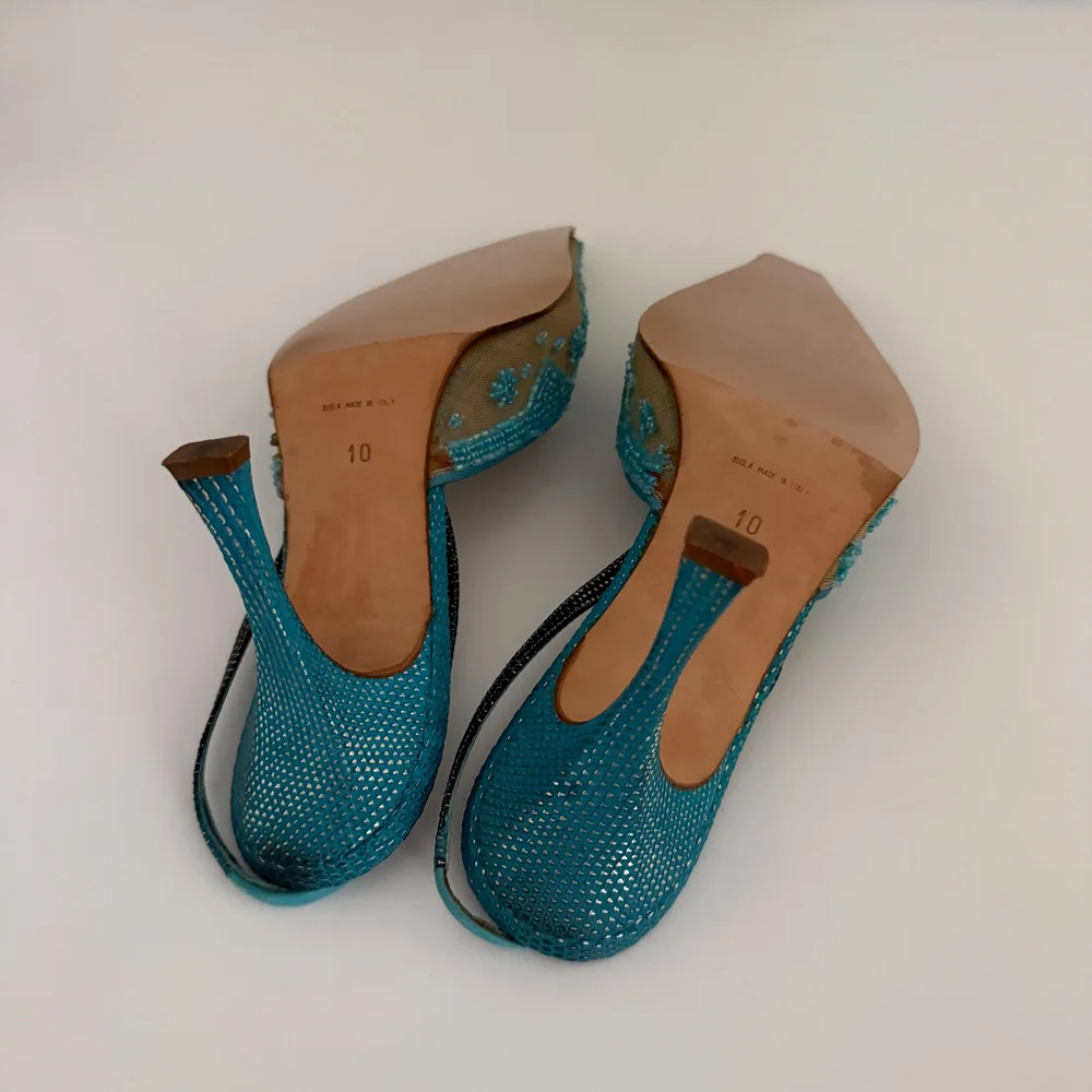 René Caovilla Turquoise Beaded Slingback Heels (US 10) — sororité.